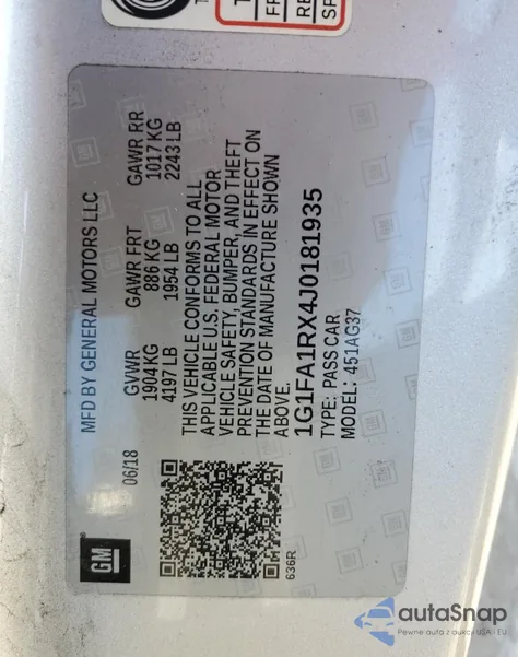 2018 Chevrolet Camaro Ls z USA, uszkodzony, nr VIN 1G1FA1RX4J0181935